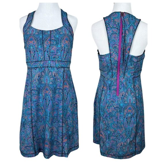 Title Nine Dress 6 Blue Purple Trouble Nimblene Paisley Built In Bra Zip Sheath - Picture 1 of 14
